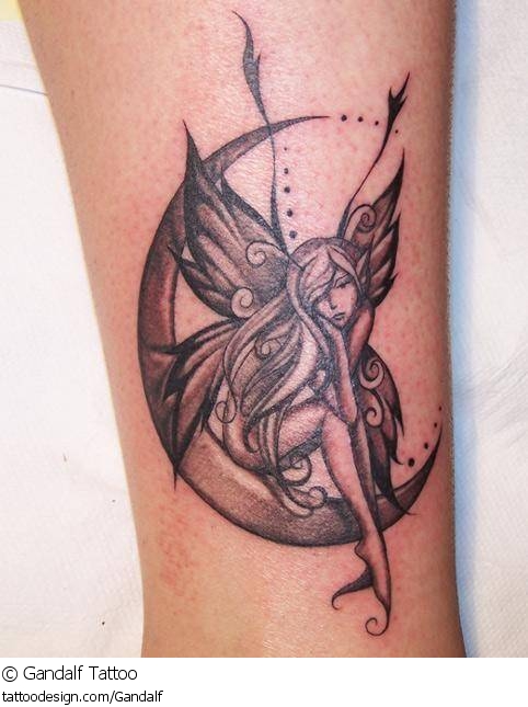 Black Ink Fairy On Half Moon Tattoo Design For Ankle