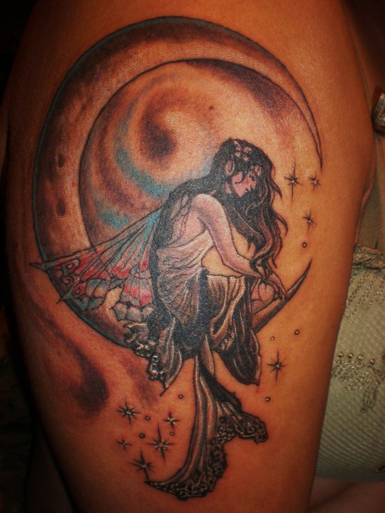 Black Ink Fairy On Half Moon Tattoo On Right Half Sleeve
