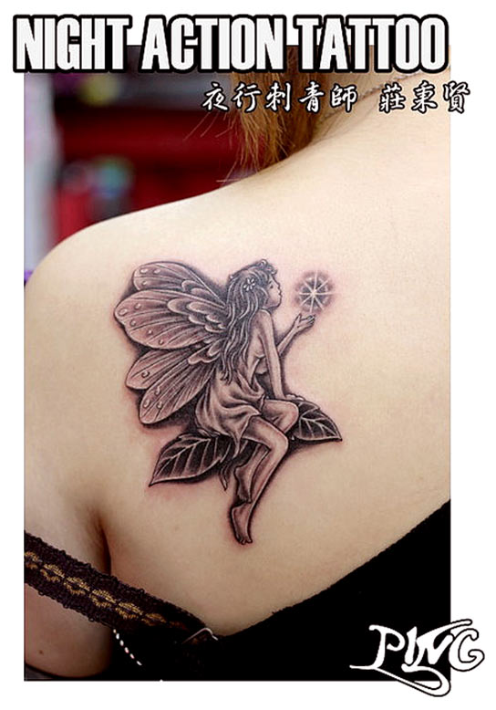 Black Ink Fairy On Leaves Tattoo On Girl Left Back Shoulder