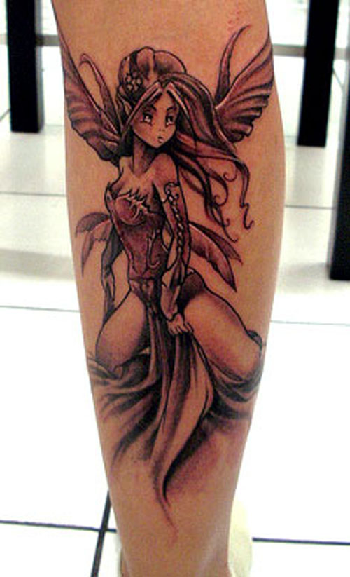 Black Ink Fairy Tattoo Design For Leg Calf