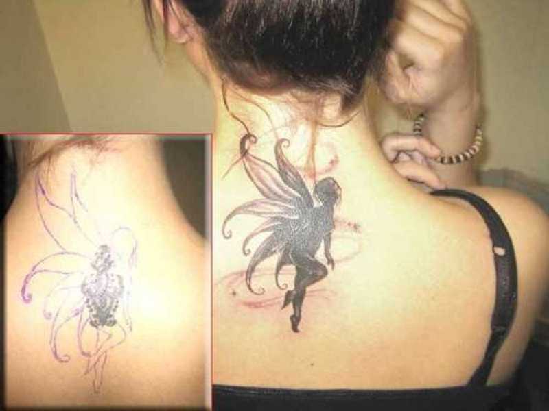 Black Ink Fairy Tattoo On Girl Back Neck