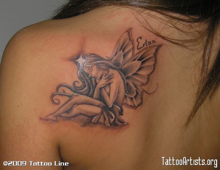 Black Ink Fairy Tattoo On Girl Left Back Shoulder