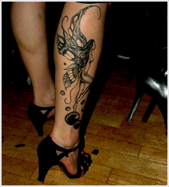 Black Ink Fairy Tattoo On Girl Right Leg