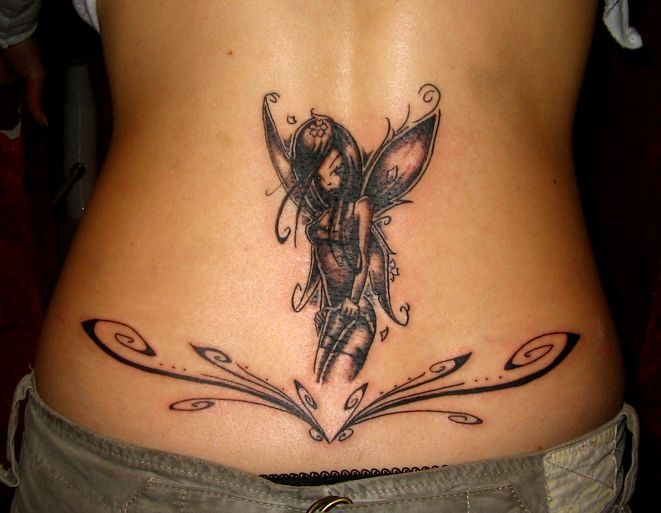 Black Ink Fairy Tattoo On Lower Back