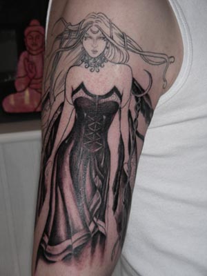 Black Ink Fairy Tattoo On Man Left Half Sleeve