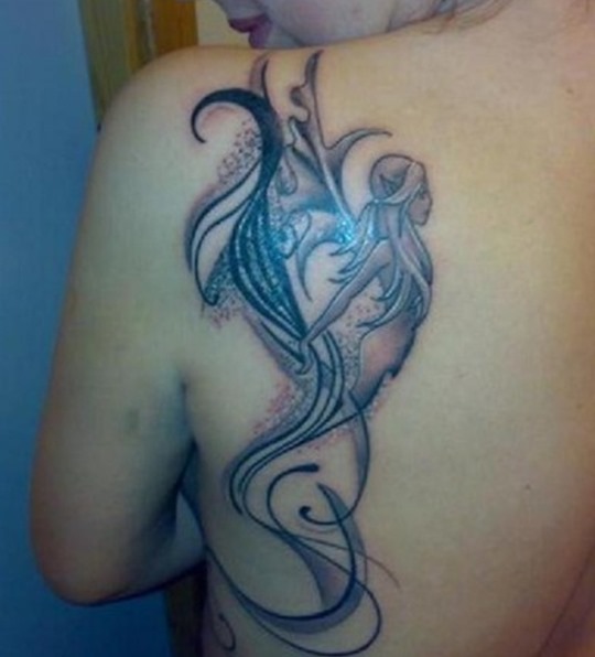 Black Ink Fairy Tattoo On Women Left Back Shoulder