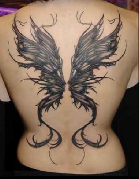 Black Ink Fairy Wings Tattoo On Full Back