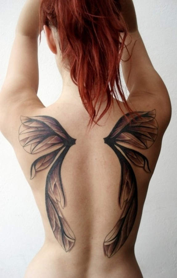 Black Ink Fairy Wings Tattoo On Girl Back