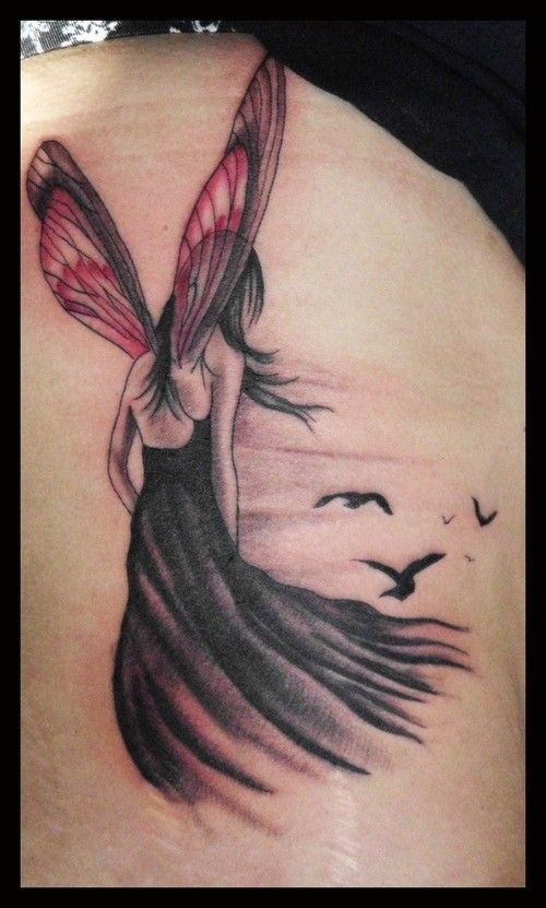 Black Ink Fairy With Fairy Dust And Flying Birds Tattoo Design