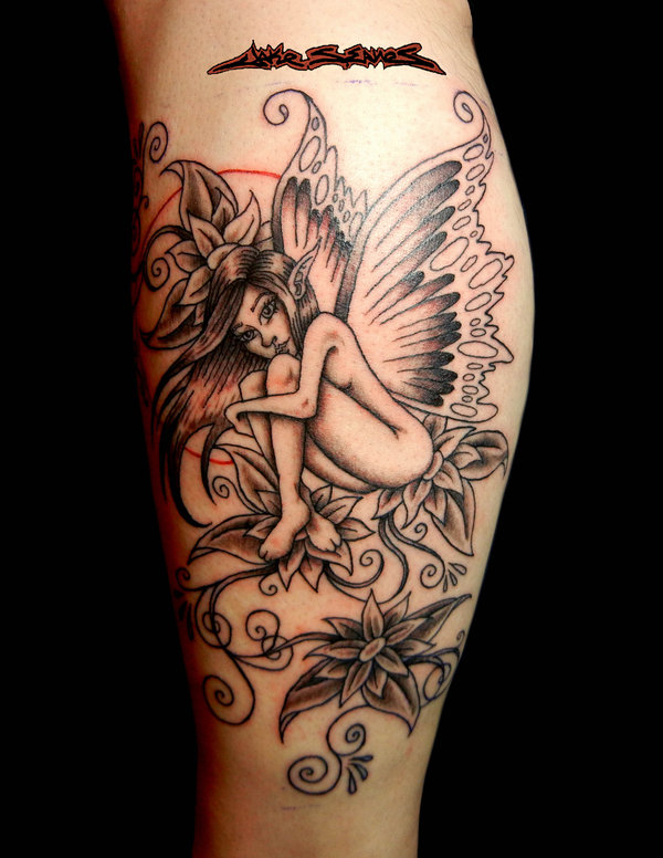 Black Ink Fairy With Flower Tattoo Design For Leg Calf