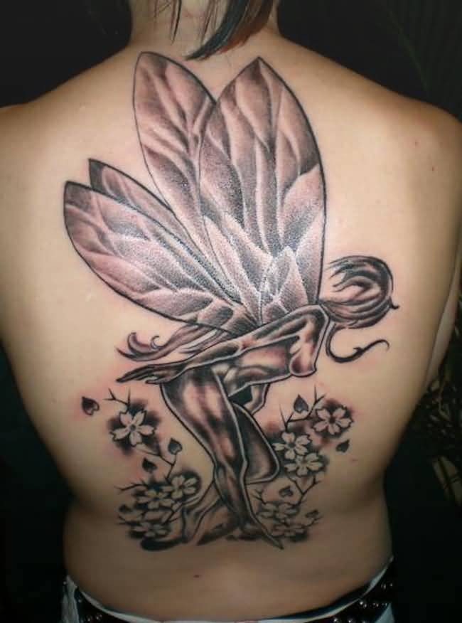 Black Ink Fairy With Flowers Tattoo On Full Back
