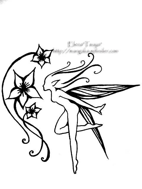 Black Ink Fairy With Flowers Tattoo Stencil