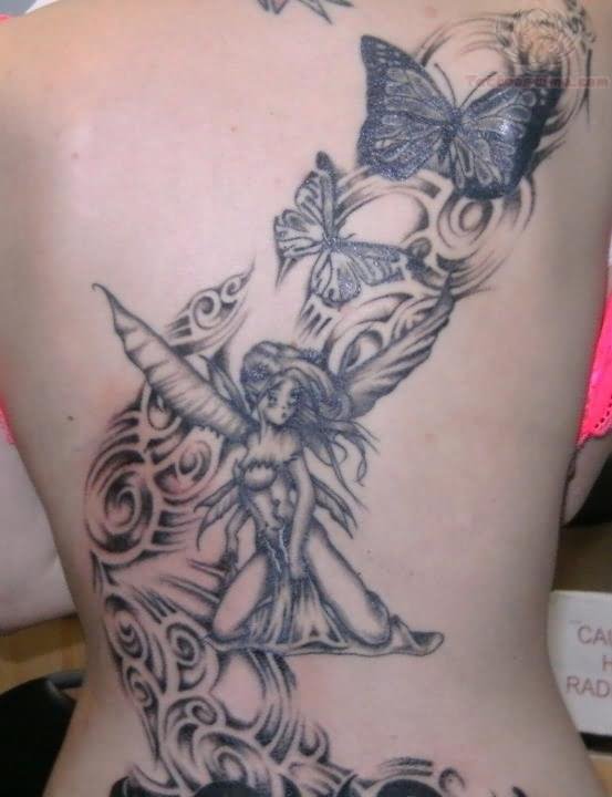 Black Ink Fairy With Flying Butteflies Tattoo On Full Back