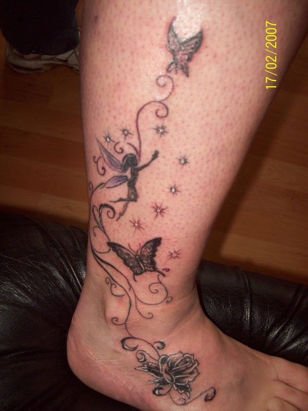 Black Ink Fairy With Flying Butterflies Tattoo On Right Leg
