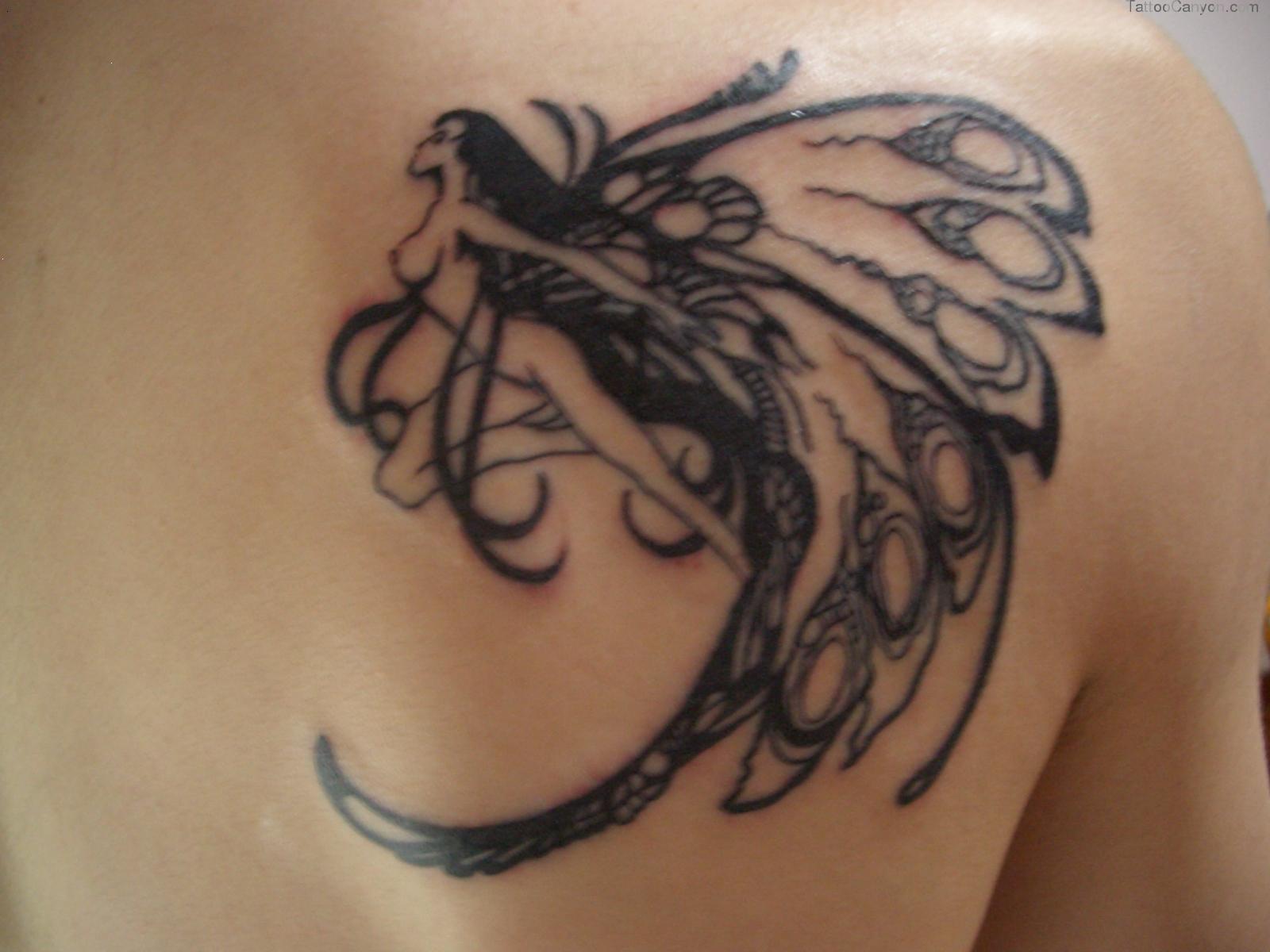 Black Ink Fairy With Half Moon Tattoo On Right Back Shoulder