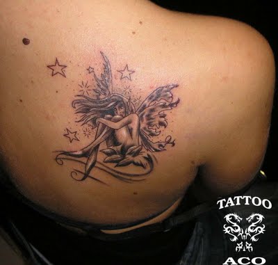 Black Ink Fairy With Stars Tattoo On Right Back Shoulder