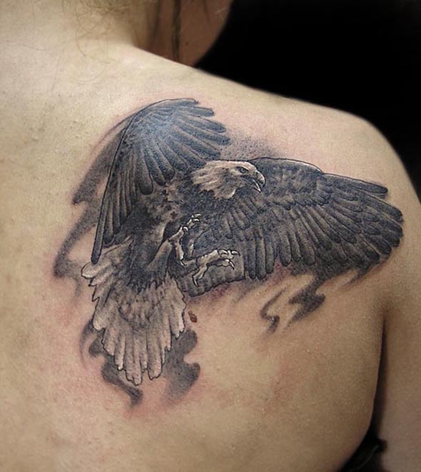 Black Ink Flying Eagle Tattoo On Right Back Shoulder