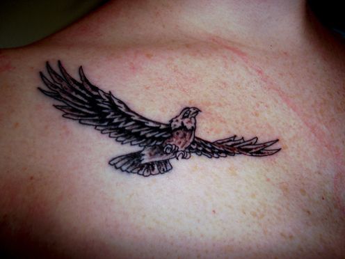 Black Ink Flying Eagle Tattoo On Right Front Shoulder