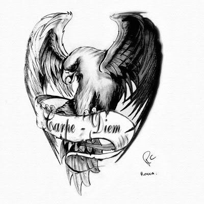 Black Ink Flying Eagle With Banner Tattoo Design