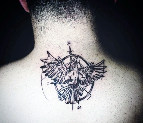 Black Ink Flying Eagle With Compass Tattoo On Man Back Neck