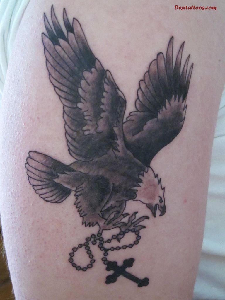 Black Ink Flying Eagle With Rosary Cross Tattoo On Half Sleeve