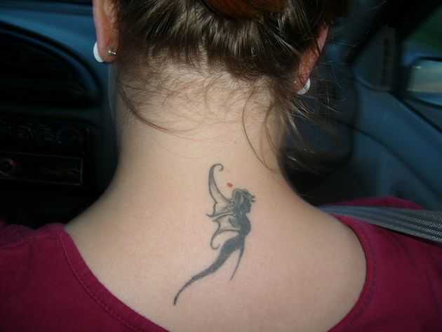 Black Ink Flying Fairy Tattoo On Girl Back Neck
