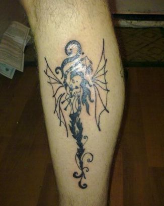Black Ink Flying Fairy Tattoo on Leg Calf
