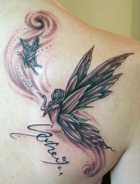 Black Ink Flying Fairy With Butterfly Tattoo On Right Back Shoulder