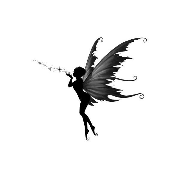 Black Ink Flying Fairy With Fairy Dust Tattoo Design