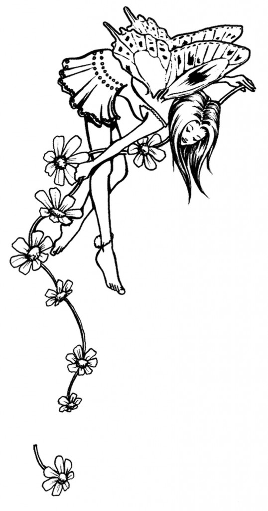 Black Ink Flying Fairy With Flowers Tattoo Stencil