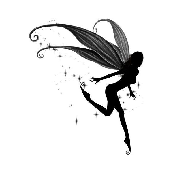 Black Ink Flying Fairy With Stars Tattoo Design