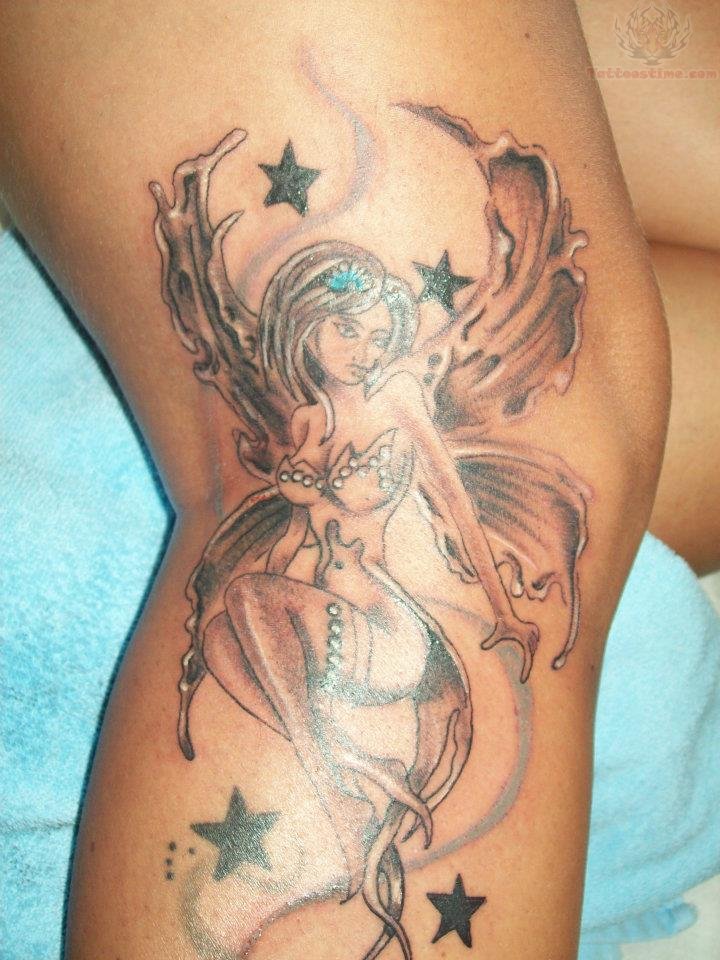 Black Ink Flying Fairy With Stars Tattoo On Right Leg