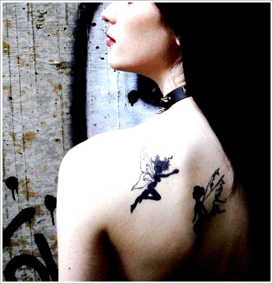 Black Ink Gothic Fairies Tattoo On Girl Left Back Shoulder