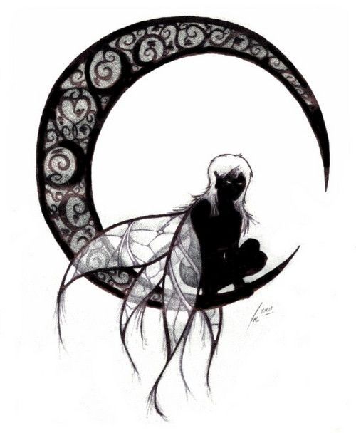 Black Ink Gothic Fairy On Half Moon Tattoo Design