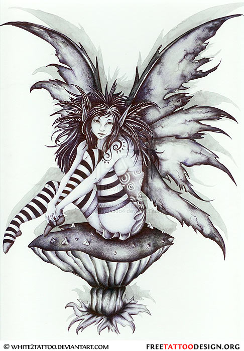Black Ink Gothic Fairy On Mushroom Tattoo Design