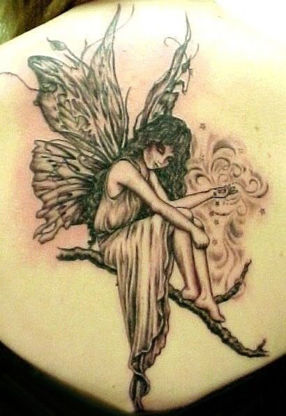 Black Ink Gothic Fairy Tattoo On Left Back Shoulder
