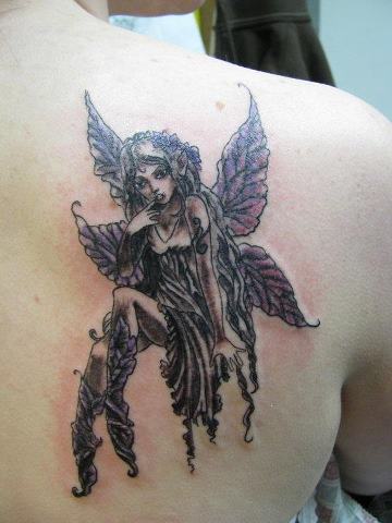 Black Ink Gothic Fairy Tattoo On Right Back Shoulder