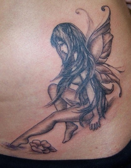 Black Ink Gothic Fairy With Flower Tattoo Design For Hip