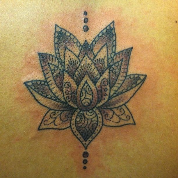 Black Ink Henna Lotus Flower Tattoo Design For Upper Back