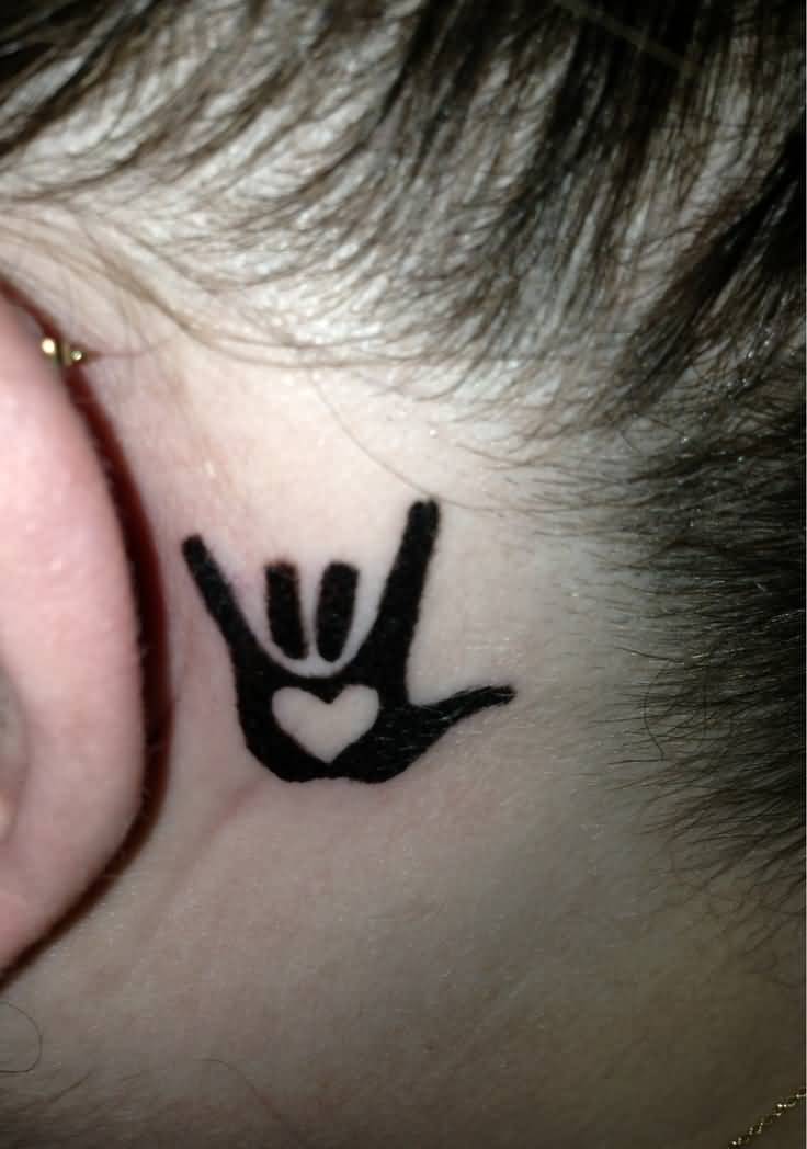 Black Ink I Love You Sign With Heart Tattoo Behind The Ear