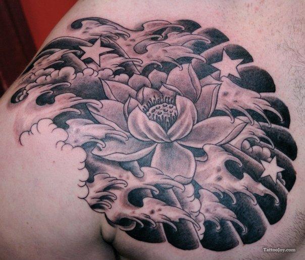 Black Ink Japanese Lotus Tattoo On Right Front Shoulder