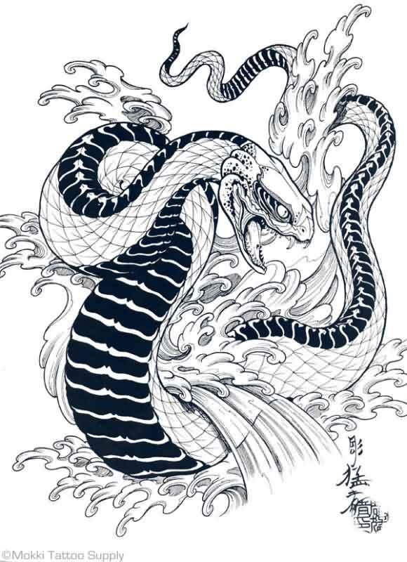 Black Ink Japanese Snake Tattoo Design By Horimouja