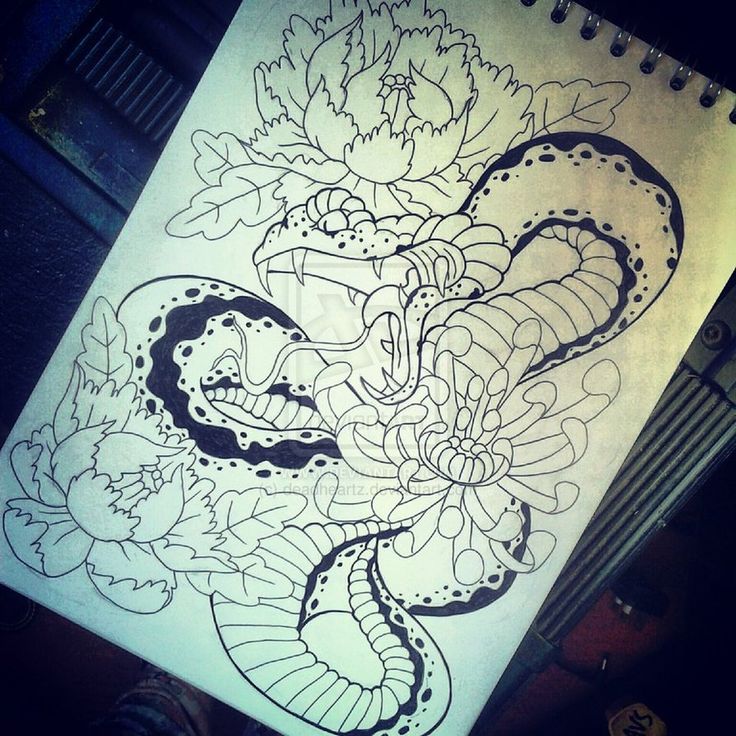 Black Ink Japanese Snake With Flowers Tattoo Design