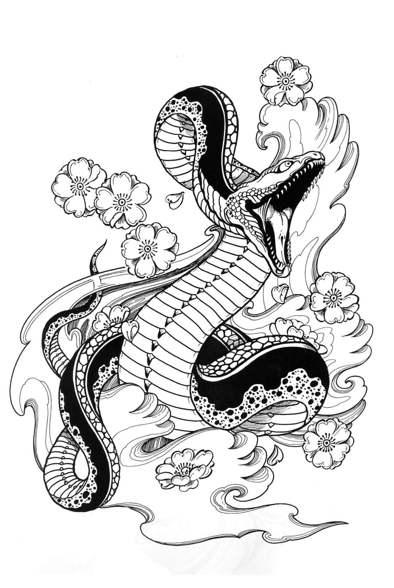 Black Ink Japanese Snake With Flowers Tattoo Stencil