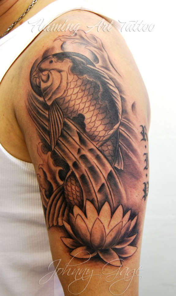 Black Ink Koi Fish With Lotus Flower Tattoo On Man Left Upper Arm
