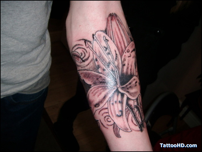 Black Ink Lily Flower Tattoo On Left Forearm