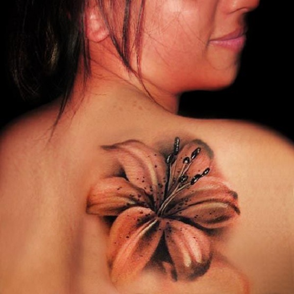 Black Ink Lily Flower Tattoo On Women Right Back Shoulder
