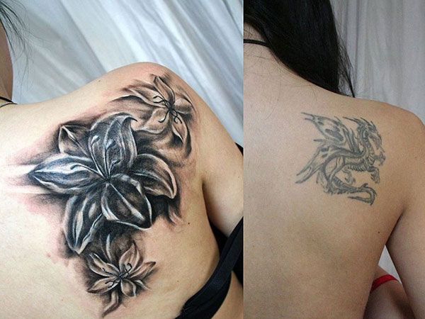 Black Ink Lily Flowers Cover Up Tattoo On Girl Right Back Shoulder
