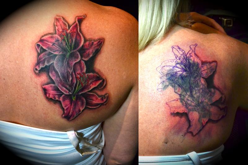 Black Ink Lily Flowers Cover Up Tattoo On Right Back Shoulder