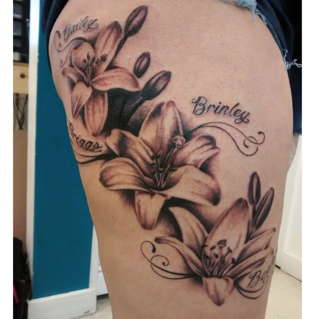 Black Ink Lily Flowers Cover Up Tattoo On Right Side Thigh